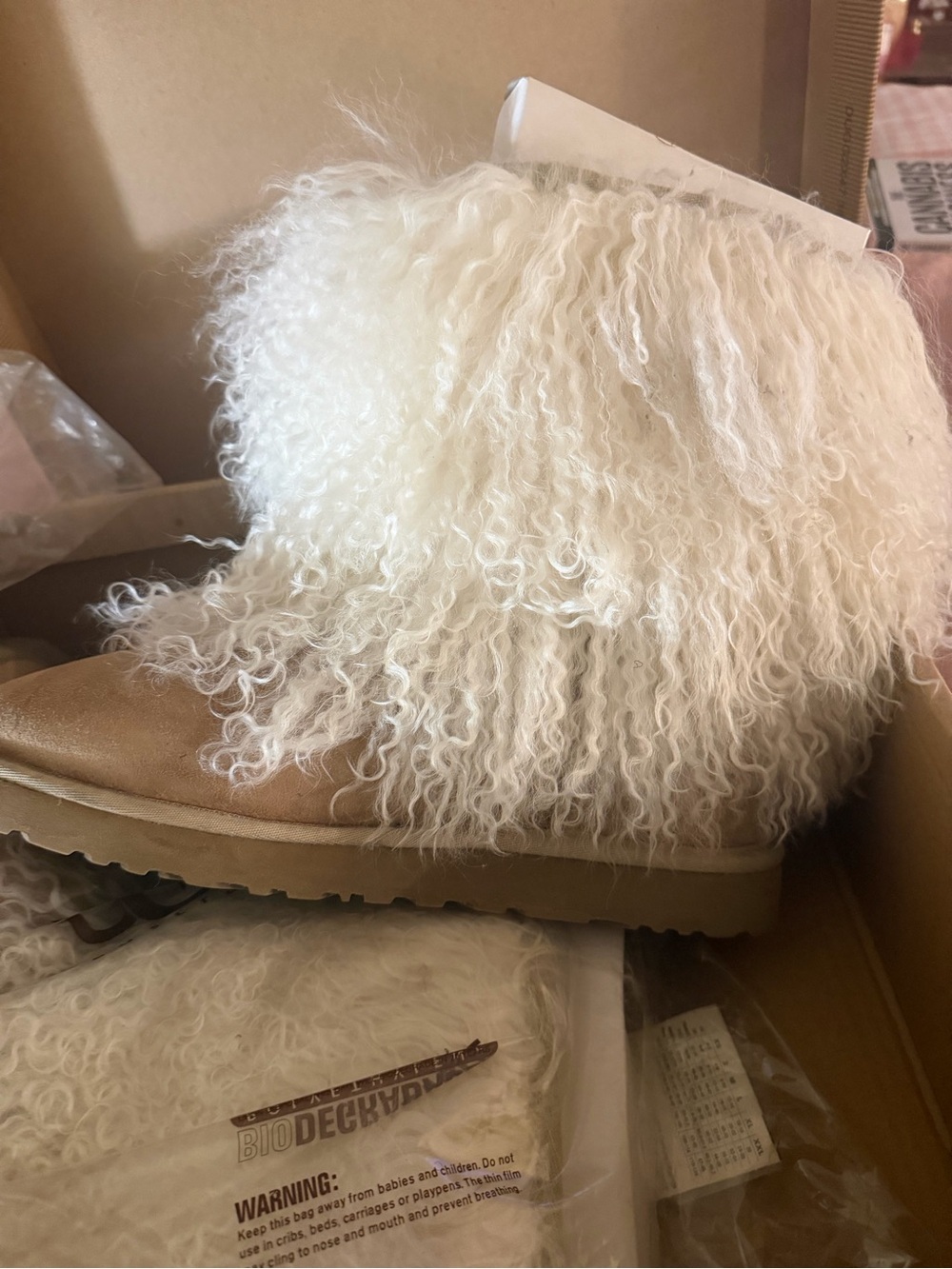UGG Curly Shearling Fringe Ankle Boot — Cream/Tan